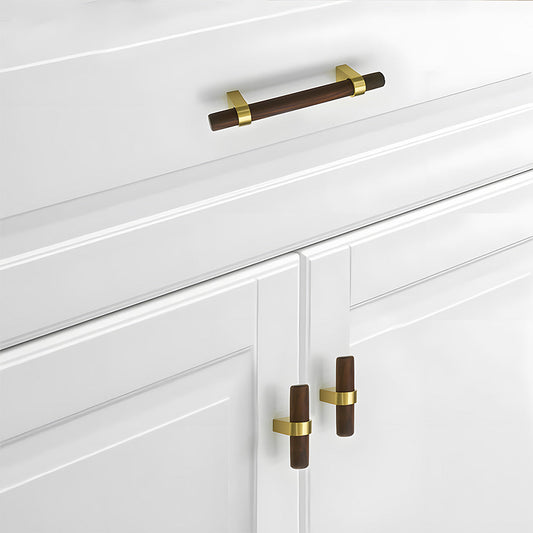 Mid-Century Wood and Brass Cabinet Pulls and T-Bar Knobs