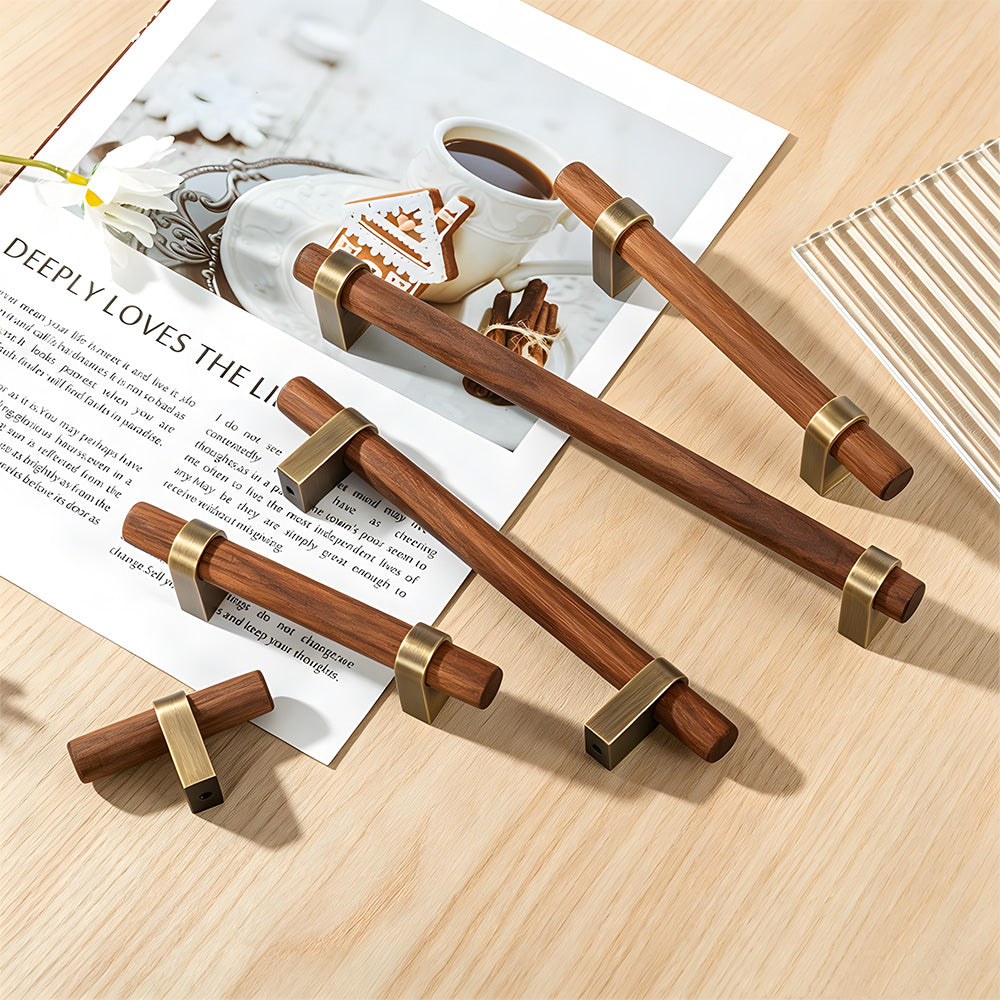 Mid-Century Wood and Brass Cabinet Pulls and T-Bar Knobs