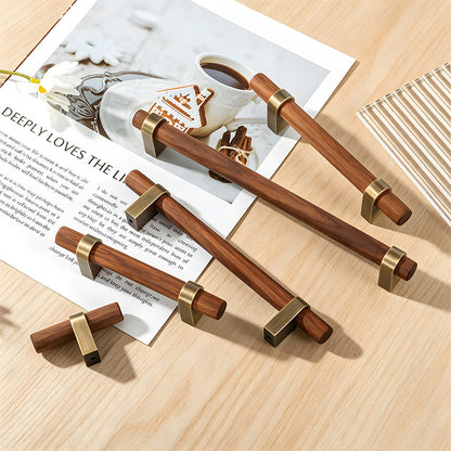 Mid-Century Wood and Brass Cabinet Pulls and T-Bar Knobs