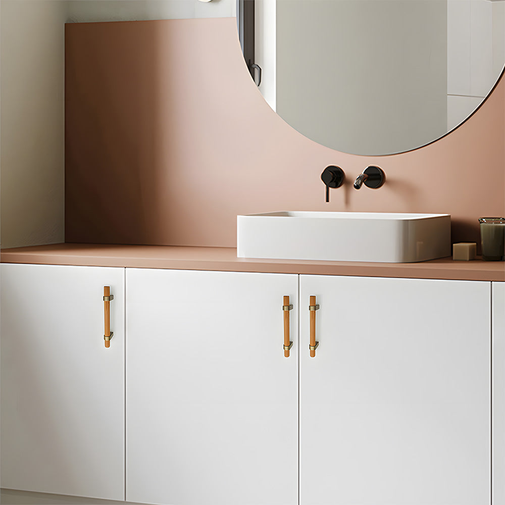Mid-Century Wood and Brass Cabinet Pulls and T-Bar Knobs
