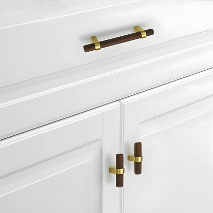 Mid-Century Wood and Brass Cabinet Pulls and T-Bar Knobs