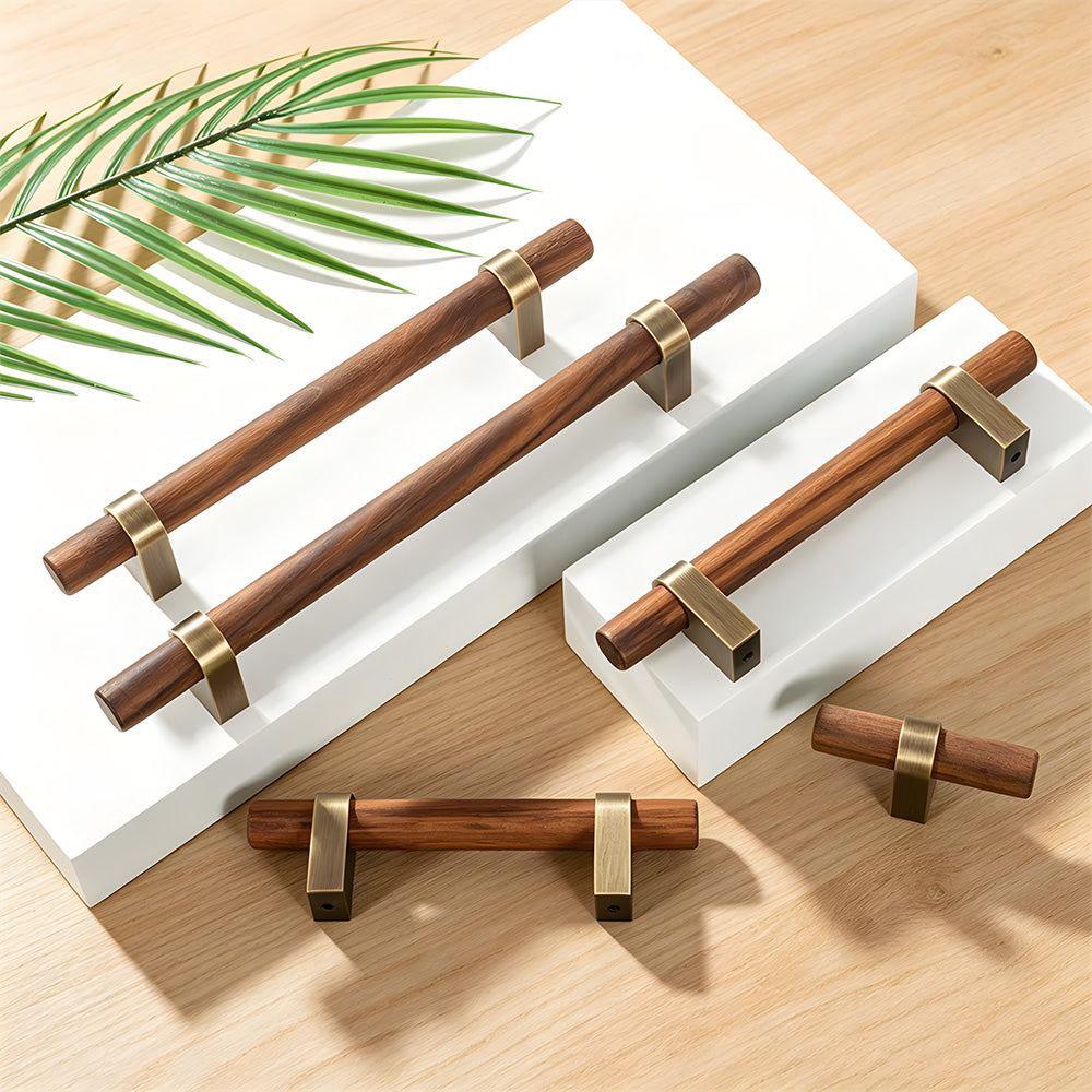 Mid-Century Wood and Brass Cabinet Pulls and T-Bar Knobs