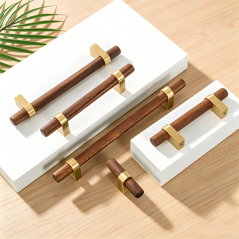 Mid-Century Wood and Brass Cabinet Pulls and T-Bar Knobs