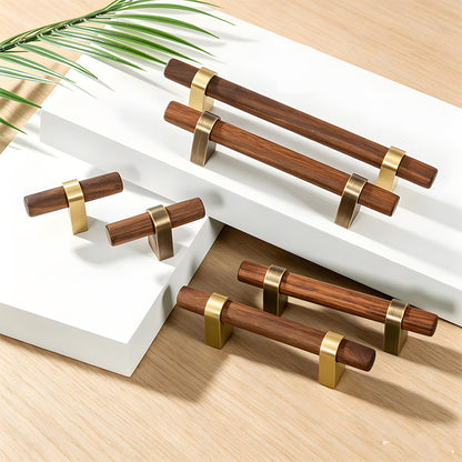 Mid-Century Wood and Brass Cabinet Pulls and T-Bar Knobs