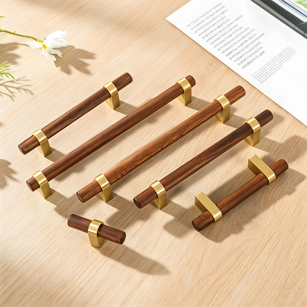 Mid-Century Wood and Brass Cabinet Pulls and T-Bar Knobs
