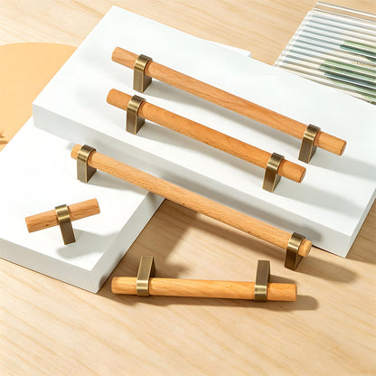 Mid-Century Wood and Brass Cabinet Pulls and T-Bar Knobs