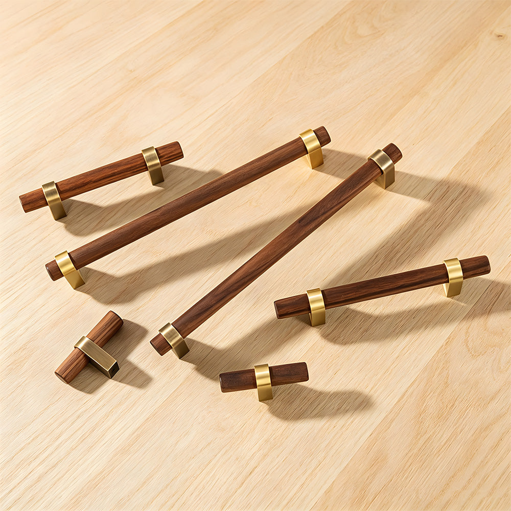 Mid-Century Wood and Brass Cabinet Pulls and T-Bar Knobs