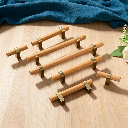 Mid-Century Wood and Brass Cabinet Pulls and T-Bar Knobs