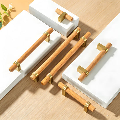 Mid-Century Wood and Brass Cabinet Pulls and T-Bar Knobs